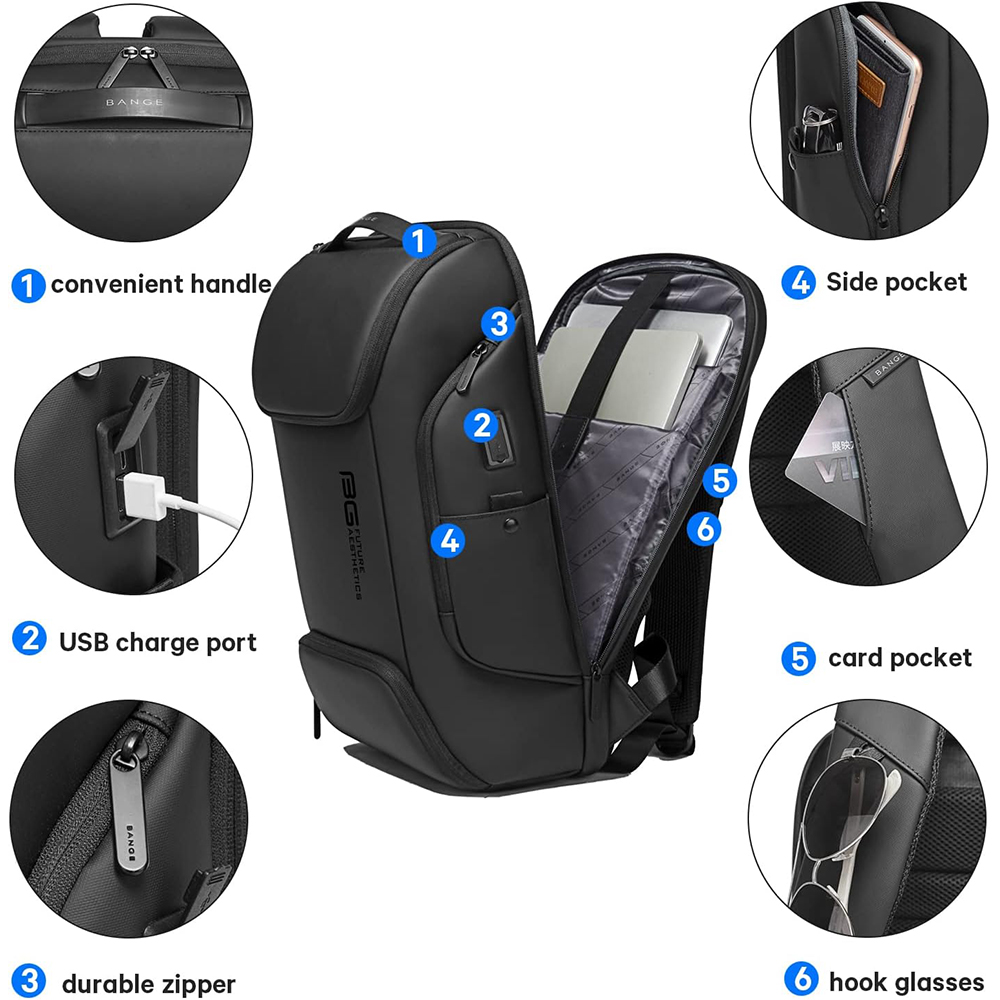 Mochilas inteligentes BANGE Business con carga USB para ordenador portátil de 15,6 pulgadas, mochila de viaje, bolsa de transporte impermeable para hombres, bolsas de viaje