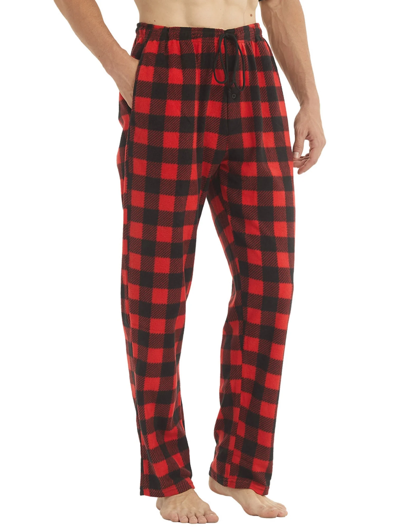 Weihnachts-Pyjamahose für Herren, Winterhose, Fleece, Lounge-Nachtwäsche, leichte karierte PJ-Hose mit Taschen, Mikrofleece