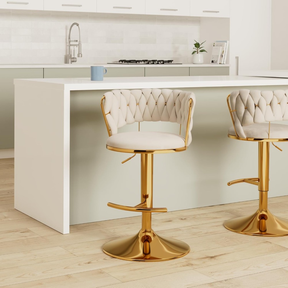 Gold Bar Stools Set of 4, Low Back Counter Height Bar Stools, Velvet Adjustable Height Bar Stools