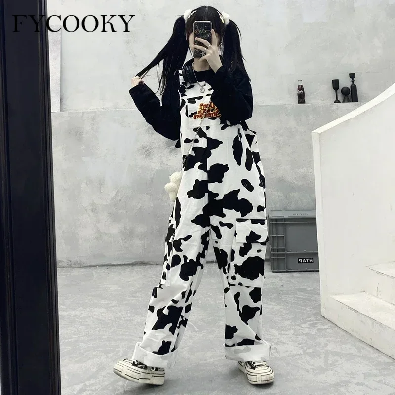Straße Hip-Hop Harajuku Mädchen Kuh Druck Oneies für Frauen Schwarz Weiß Plaid Overalls Casual Overall Hosen Baggy Hosen