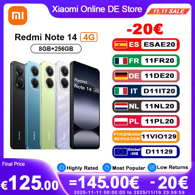 Versione UK Xiaomi Redmi Note 14 4G Smartphone Helio G99-Ultra 6.67 ''Display AMOLED 120Hz108MP AI Fotocamera 5500mAh Batteria NFC