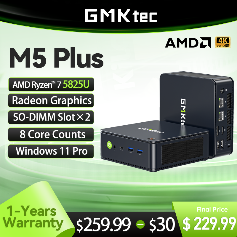 GMKtec-Mini Pc GMK M5 Plus, AMD Ryzen R7, 5825U, NUCBOX Radeon Graphics Core, Windows 11 Pro, WIFI, 6E, SO-DIMM, ranura × 2 Max, 64GB