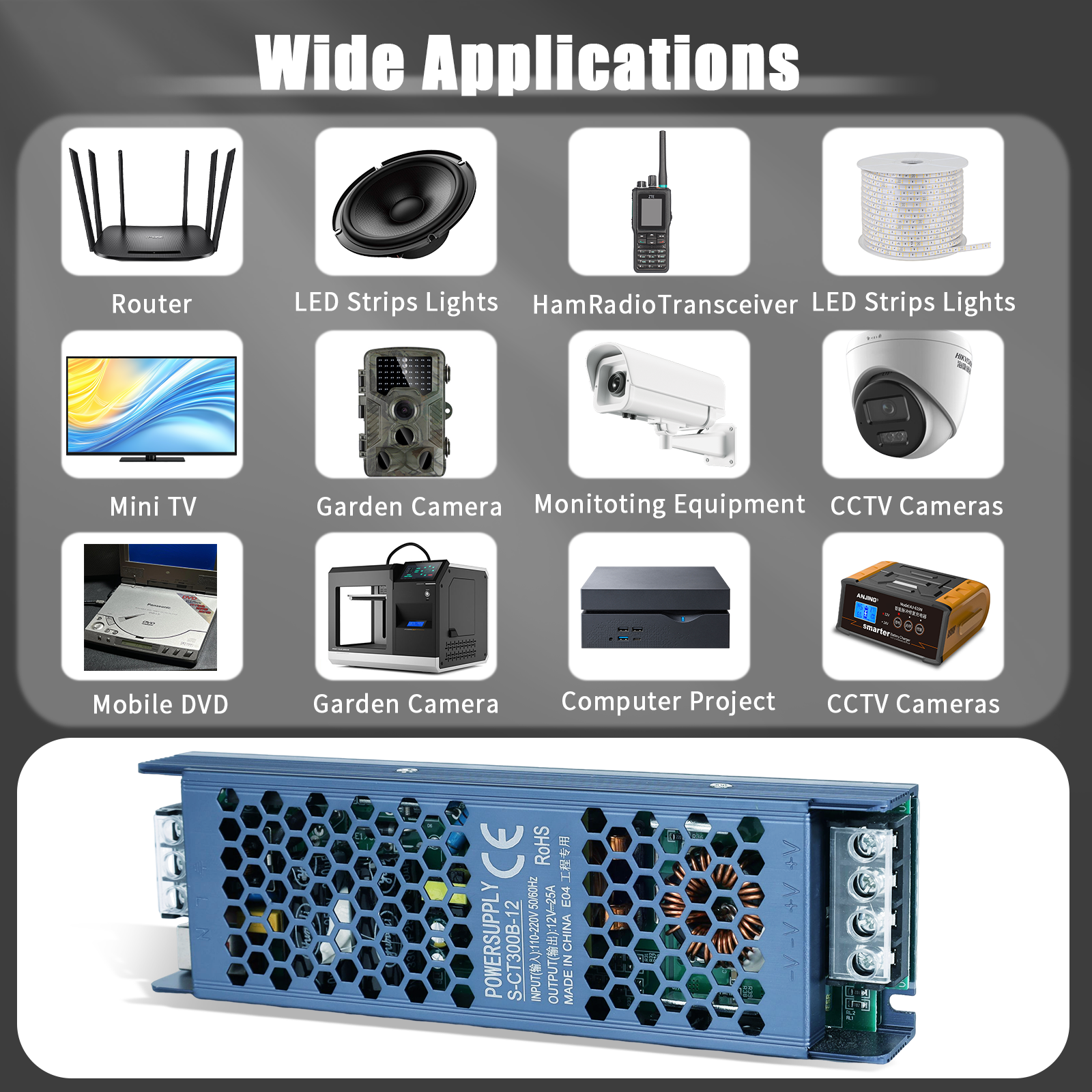 DC 12V 24V Switching Power Supply AC175-250V Mute Lighting Transformers 60W 100W 200W 300W 400W LED Light Driver Power Adapter