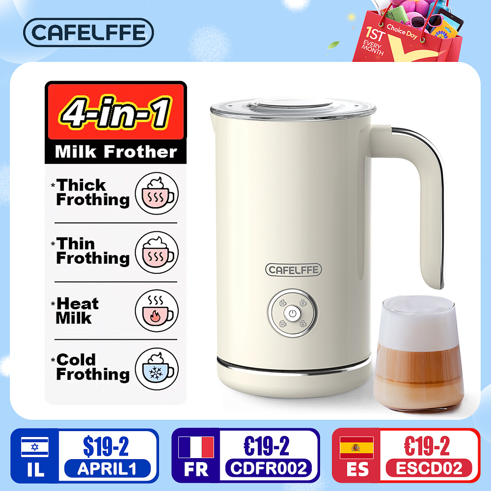 Cafelffe 4-in-1 elektrischer Milchaufschäumer, Aufschäumer, Schokoladenmixer, kalt/heiß, Latte, Cappuccino, automatischer Schaummilchheizer, Wärmer