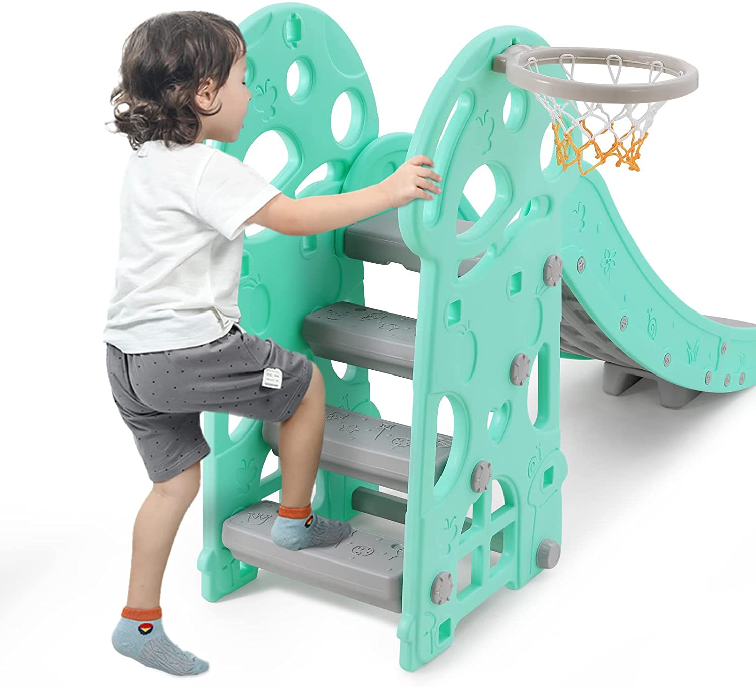 Children's Slide with Basketball Hoop,Foldable Garden Slide Indoor Outdoor