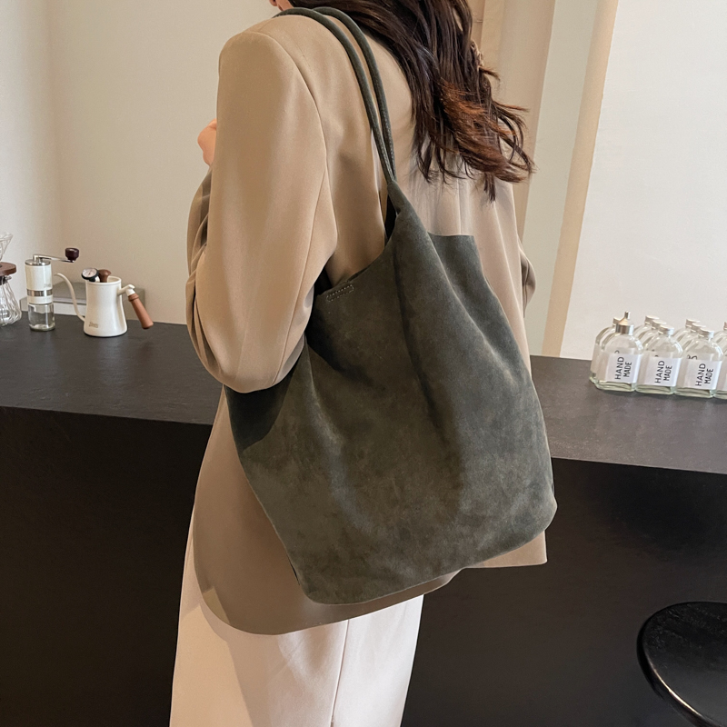 Suede Sewing Thread Retro Women's Shoulder Bags Zipper Casual Versatile 2024 New Solid Colors High Capacity Casual Tote