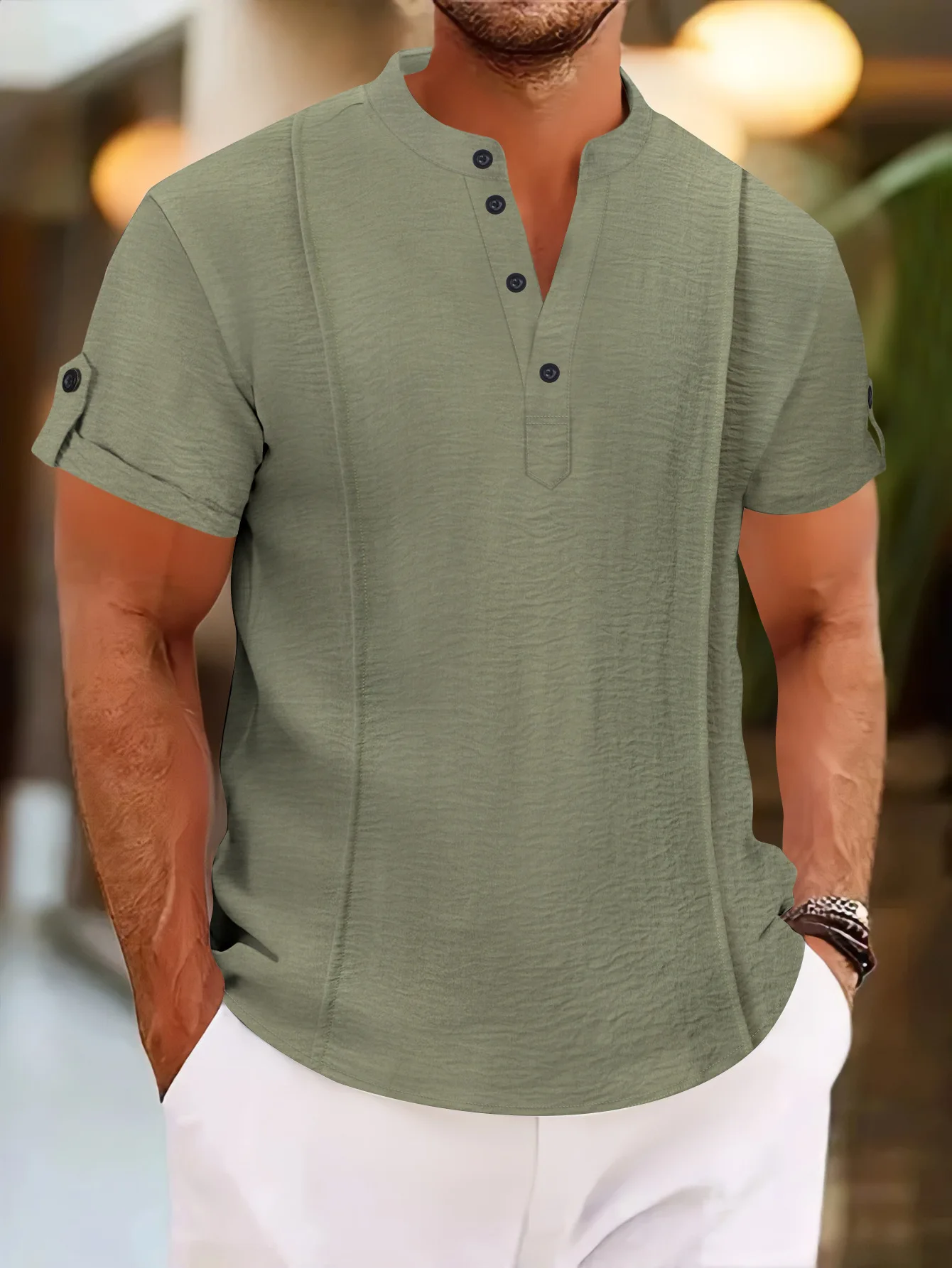 Men's casual short-sleeved Polo shirt, fashionable street style, pleated V-neck, buttoned, solid color, retro short-sleeved T-sh