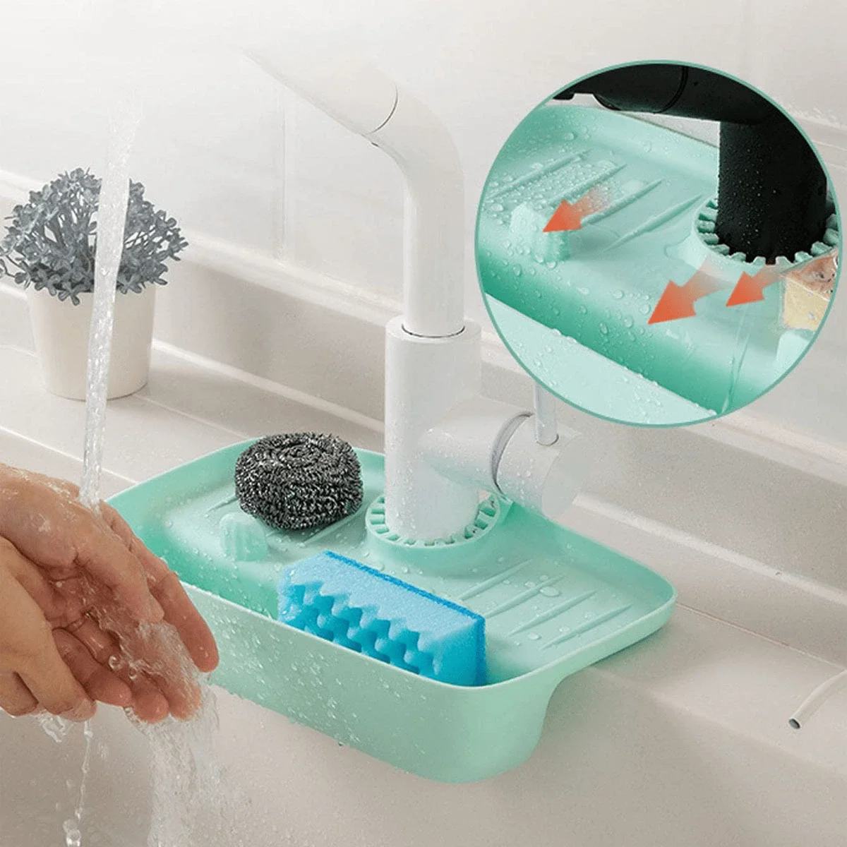 Rack de drenagem de pia de silicone, torneira doméstica à prova de respingos, almofada de coleta de água, pano de esponja, caixa de armazenamento de dispositivos de lã de aço