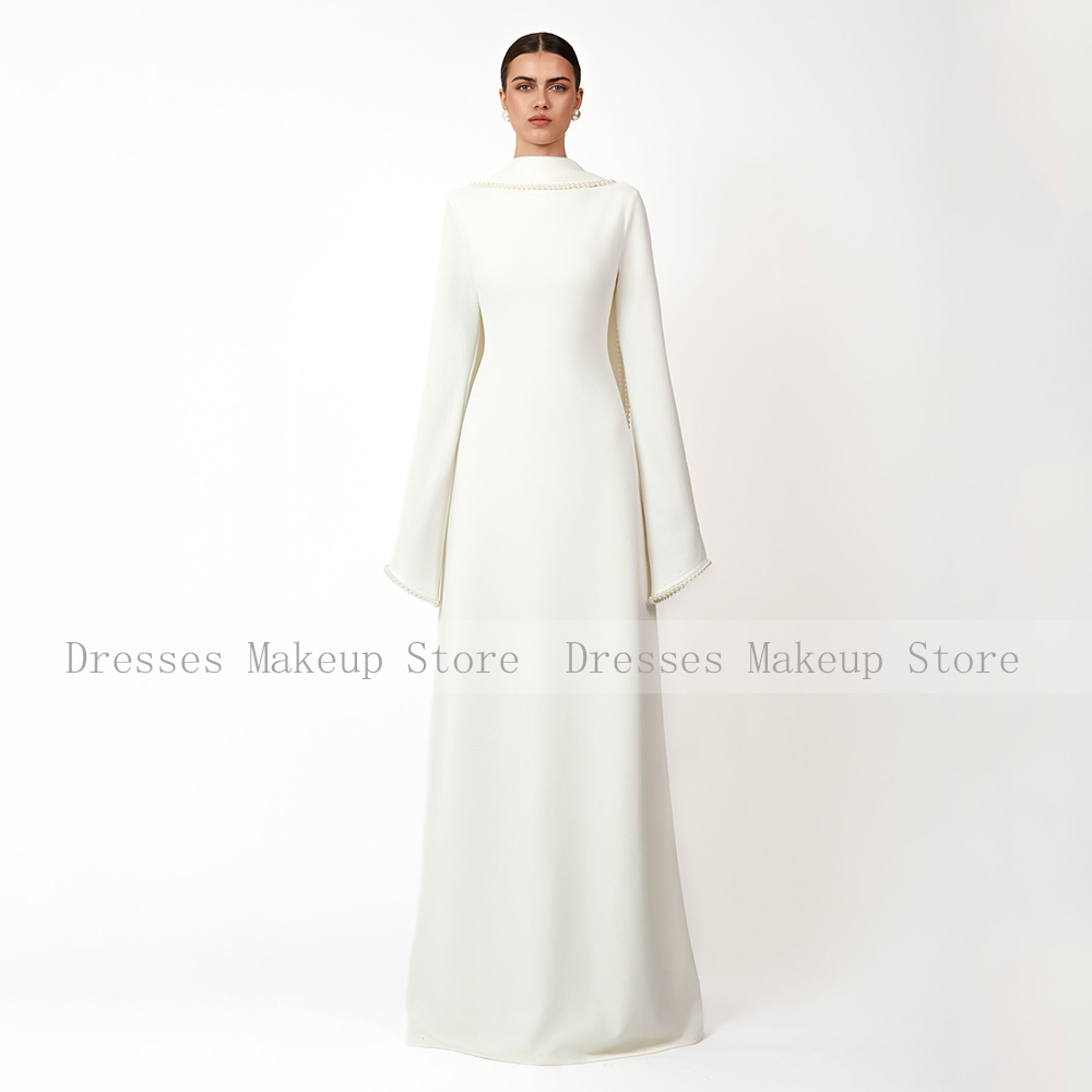 Bescheidene Abendkleider mit langen Ärmeln, O-Ausschnitt, A-Linie, 2025, Damen-Abendkleider mit Schal, Perlen, elegantes Hochzeitskleid, Elfenbeinfarben