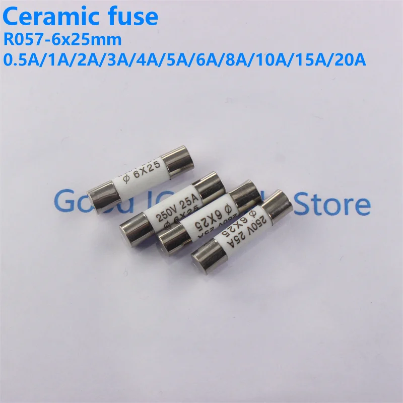 10 Uds RO54 R054 6X25mm fusible cerámico 5x25 fusible de soplado rápido 250V 0.5A 1A 2A 3A 4A 5A 6A 8A 10A 13A 15A 16A 20A 25A 30A