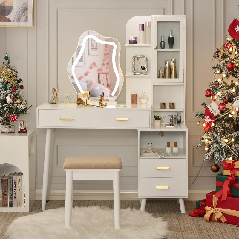 Vanity with Lighted Mirror Vanity Desk with Mirror and Lights Girls Vanity with Power Outlet Stool Drawers Shelves Charging