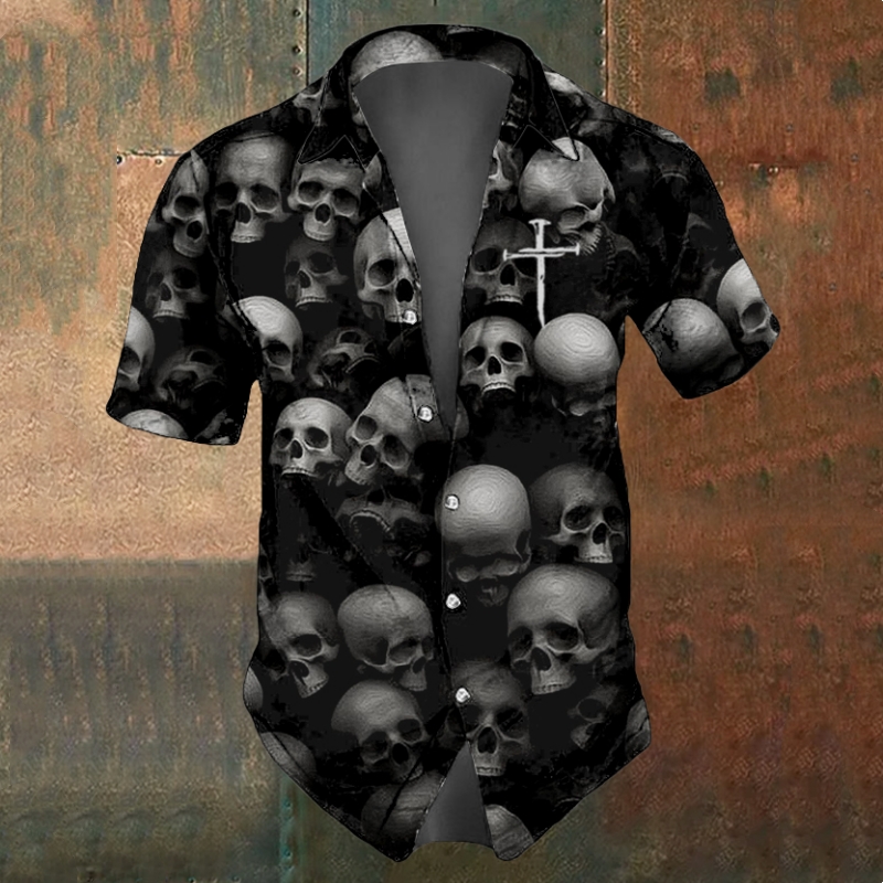 Camicie con teschio da uomo Camicia casual estiva a maniche corte per uomo Nero Bianco stampato Abbigliamento da uomo Camicie con risvolto oversize larghe Top