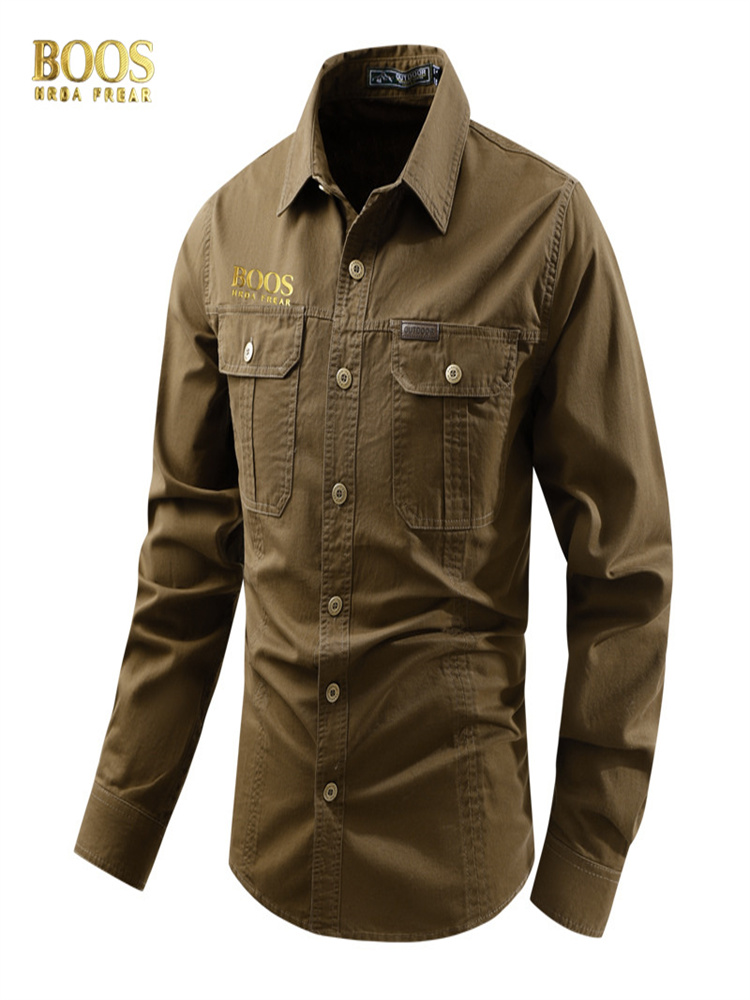 BOOSHRDAFRE Аутентичная эмблема Весенне-осенний сезон Новые мужские рубашки из чистого хлопка с длинными рукавами Повседневные однотонные рубашки для