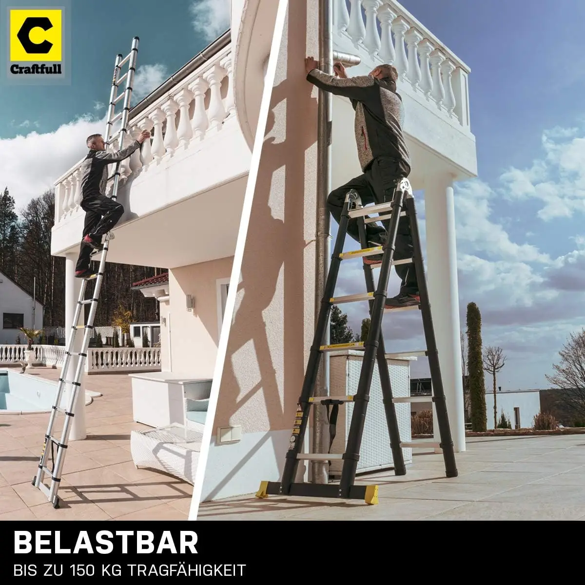 Scala telescopica in alluminio, 3.2/3.8/4.4/5/5, 6m, con borsa per il trasporto, funzioni come scala pendente e gradino, argento.
