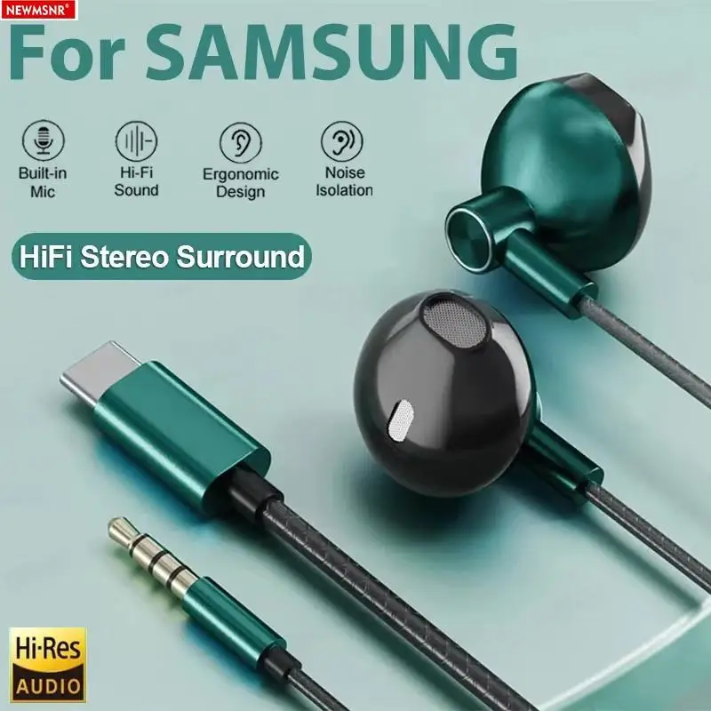 9D 베이스 스테레오 유형 C&3.5mm 헤드폰 볼륨 조절 헤드셋, HD 마이크 포함 iPhone15/16용 유선 이어버드 Samsung Galaxy 이어폰