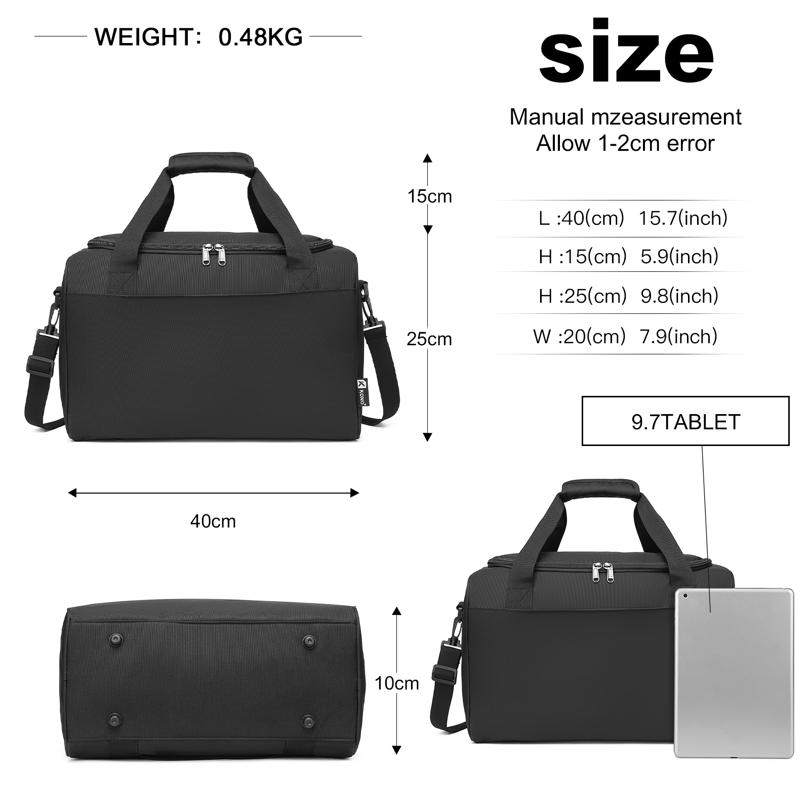 KONO 40x20x25 Handgepäck Tasche für Ryanair, Reisetasche für Flugzeug, Weekender für Herren und Damen, Maximalgröße mit