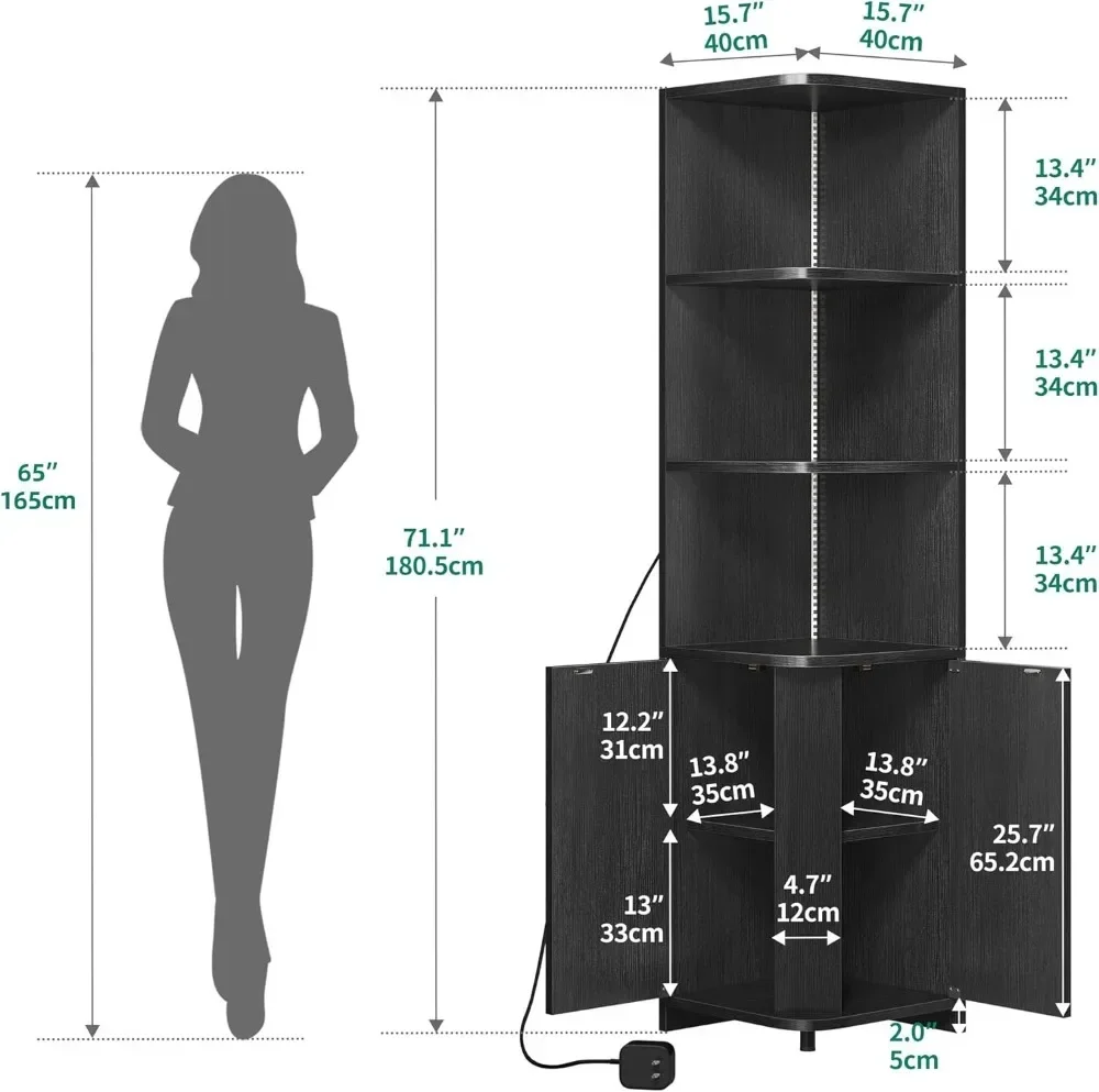Corner Cabinet with LED Lights, 71.1“ Corner Bookshelf and Bookcase with Storage, Modern Display Corner Shelf for Living Room,