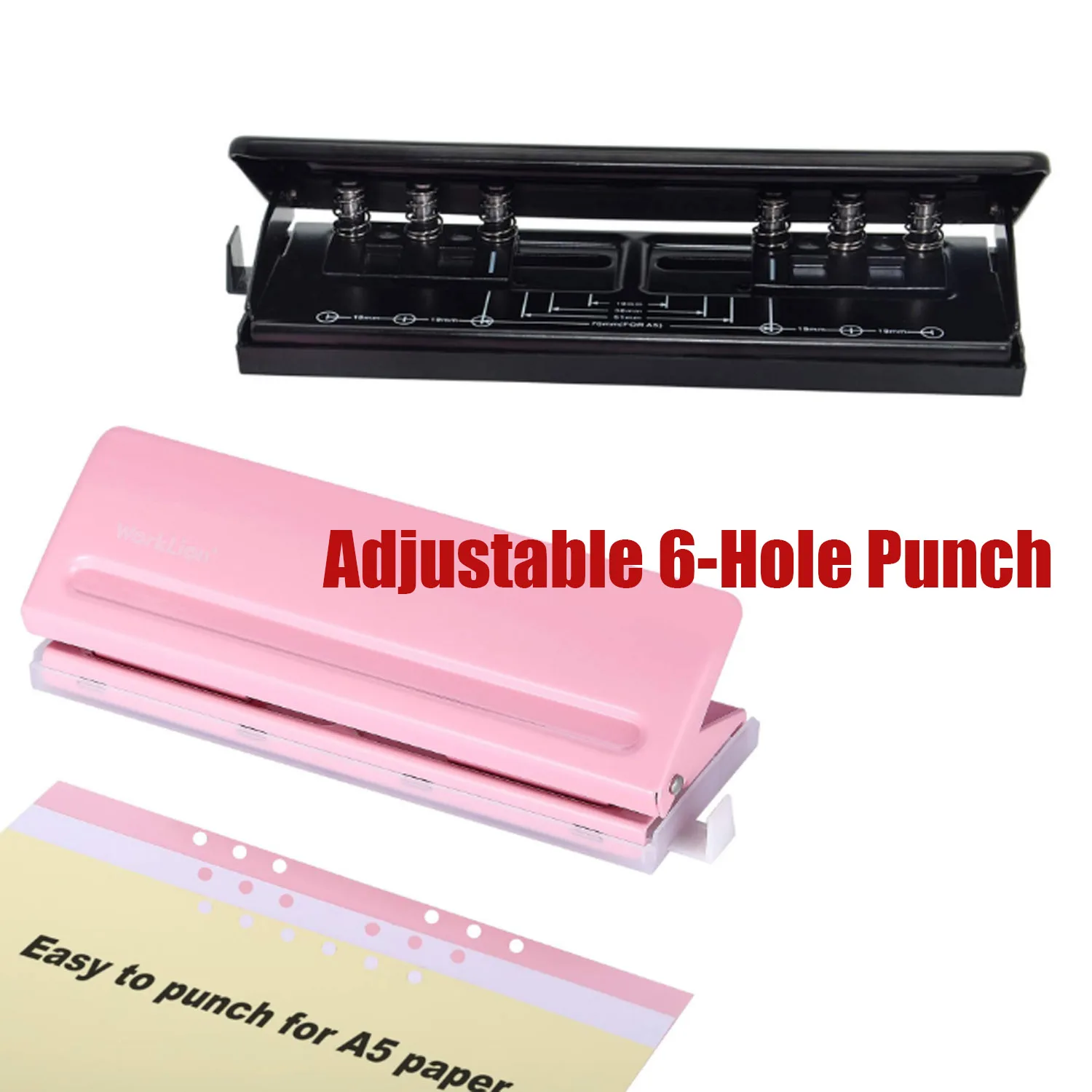 6-Hole Paper Punch with Positioning Mark Adjustable  Black Pink Daily Puncher for A5 for A4 / A5 / A6 / Personal/Pocket Size