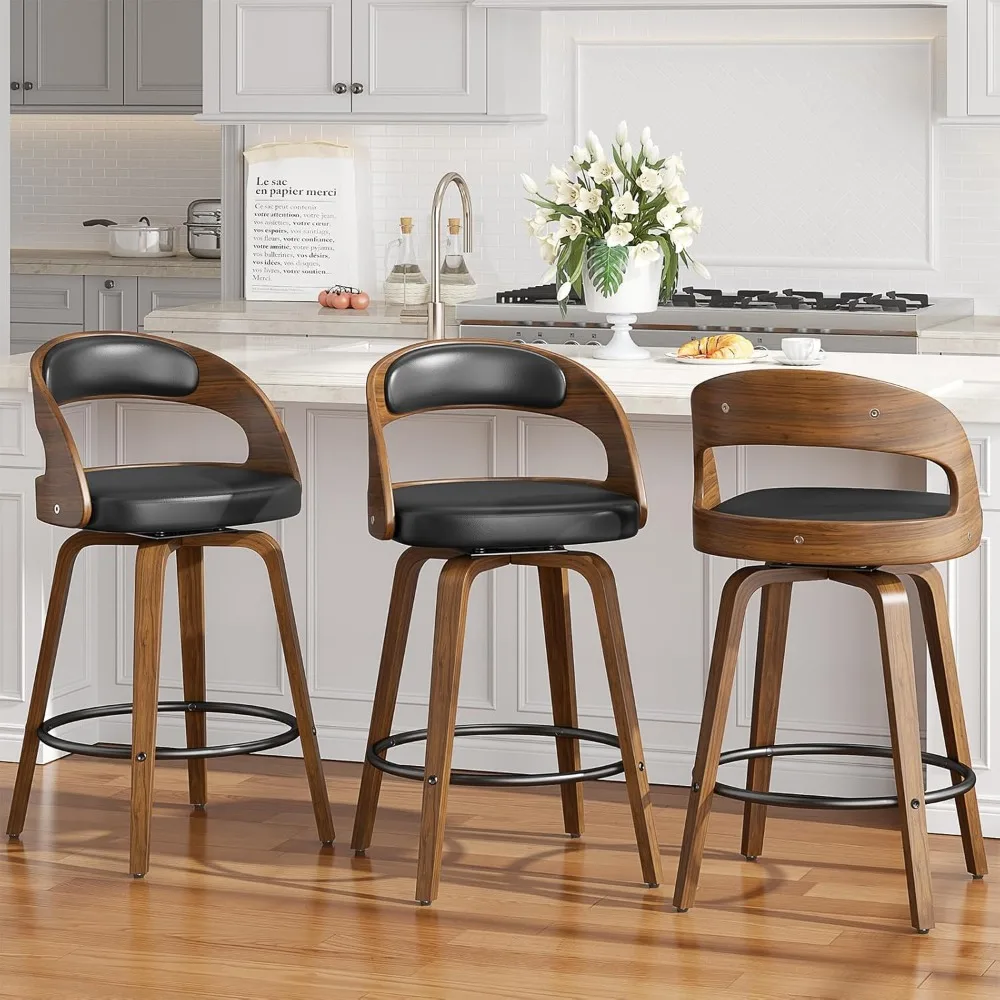 Swivel Bar Stools Set of 4, 26" Counter Height Bentwood Barstool, Mid-Century Modern PU Leather Upholstered Bar Chair with Back