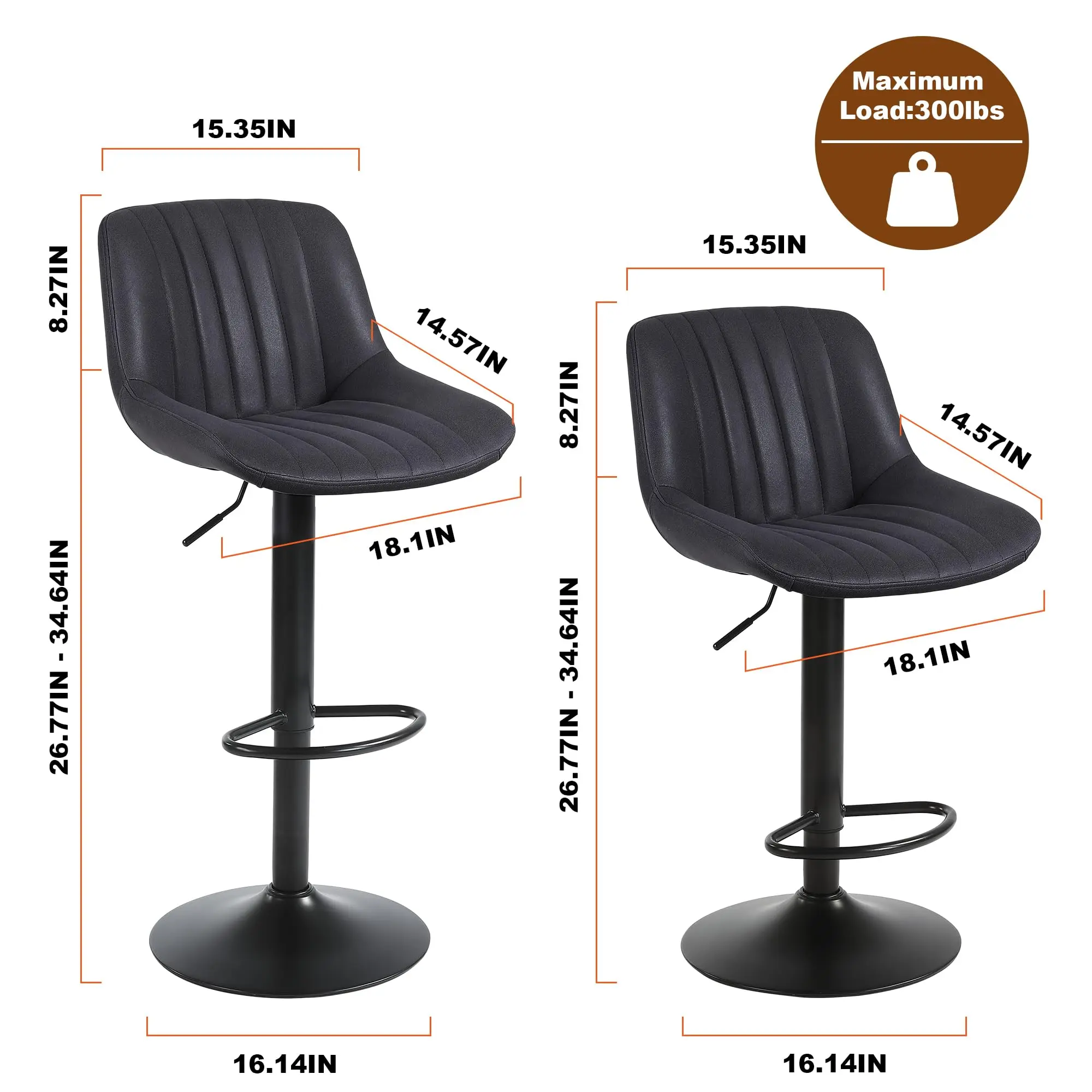 Banco de bar Ralex-chair, bancos de bar giratórios com altura de balcão e encosto, banco de bar ajustável em couro PU, preto