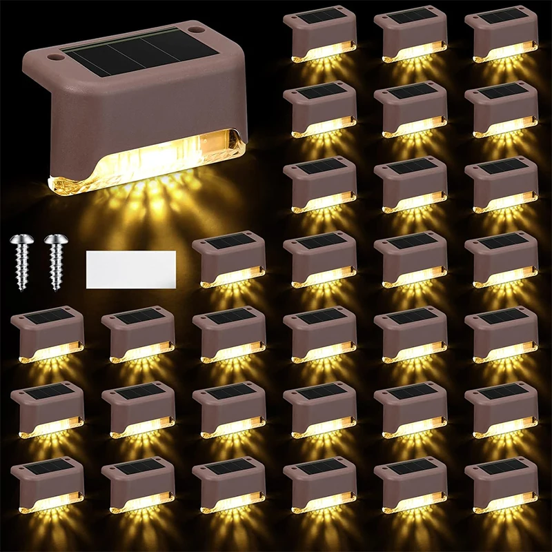 Luces solares para cubierta, paquete de 32 luces de paso para exteriores, luces solares Led impermeables para barandilla, escaleras, valla, patio y camino