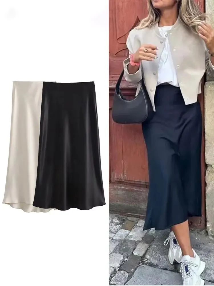 HH Gonna lunga elegante in raso solido da donna Chic Y2K Gonne slim a vita alta Gonna longuette attillata da donna con trama in seta moda femminile
