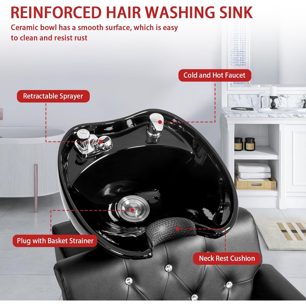 Shampoo Backwash Barber Chair with Large Ceramic Hair Wash Bowl, Rivet Armrest, Adjustable Shampoo Bowl Sink Chair Statio