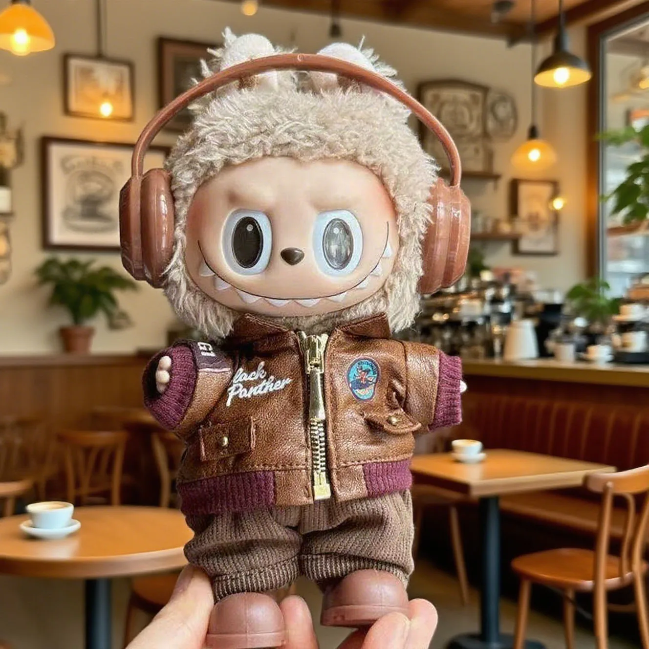 Braune Retro-Fliegerjacke, modisches Puppenkleidungsset für 17 cm große Labubu-Puppe – Zubehör-Geschenkartikel