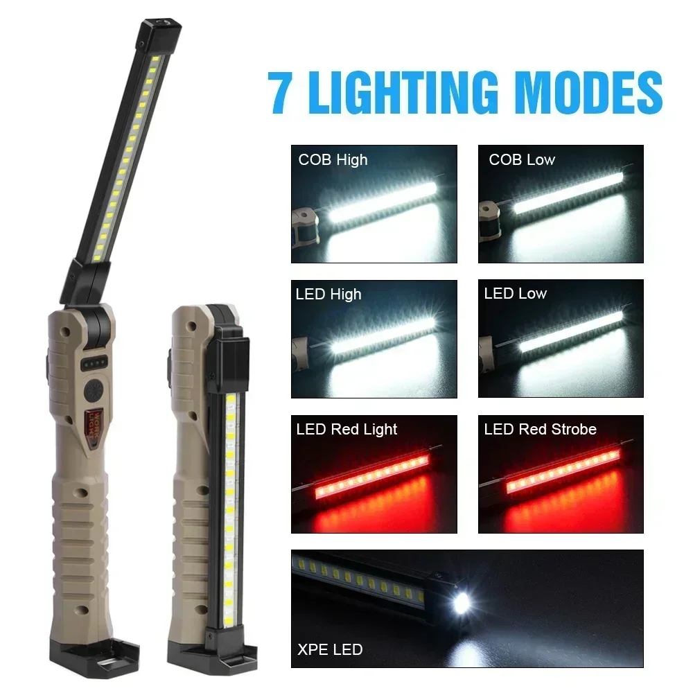 Folding COB XPE LED Work Light Flashlight USB Rechargeable Torch Magnetic Base & Hook, Emergency Car Inspection Lamp Red SOS