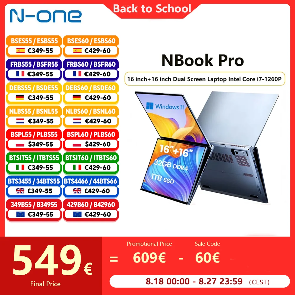 N-one NBook Pro 16 cali + 16 cali Laptop z podwójnym ekranem Intel Core i7-1260P (12C/16T do 4,7 GHz) 32 GB DDR4 1 TB SSD 1920x1200 Laptop