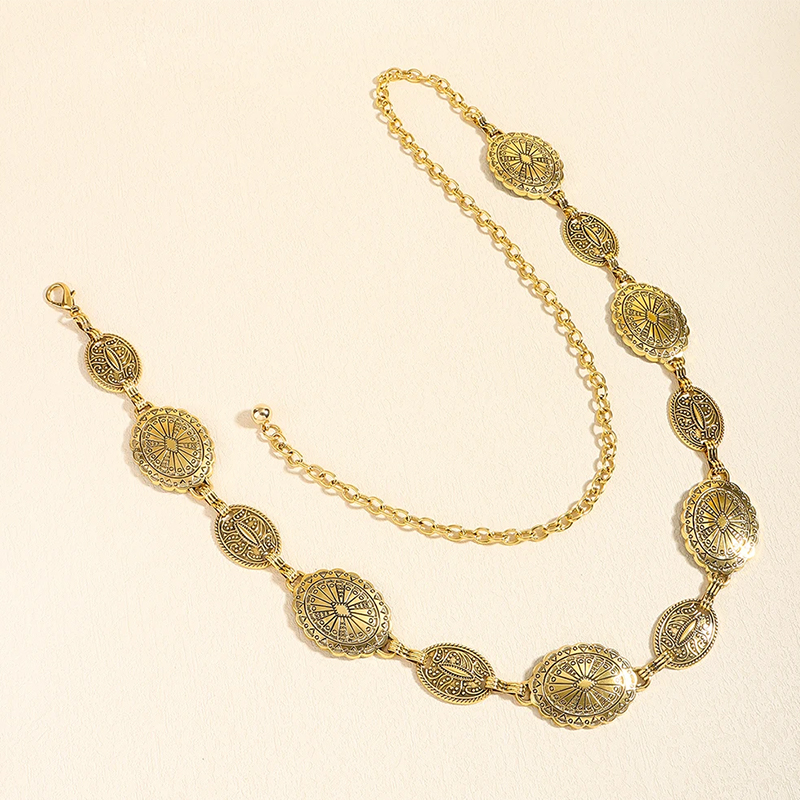Retro style women's metal waist chain accessories Decorative circle carved chain belt high style accessories