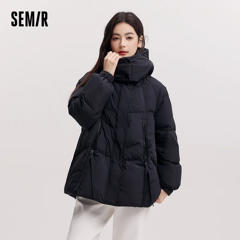 Semir jaqueta de comprimento médio feminina solta ajuste com capuz casaco texturizado 2025 novas casacos de inverno feminino casual estilo quente
