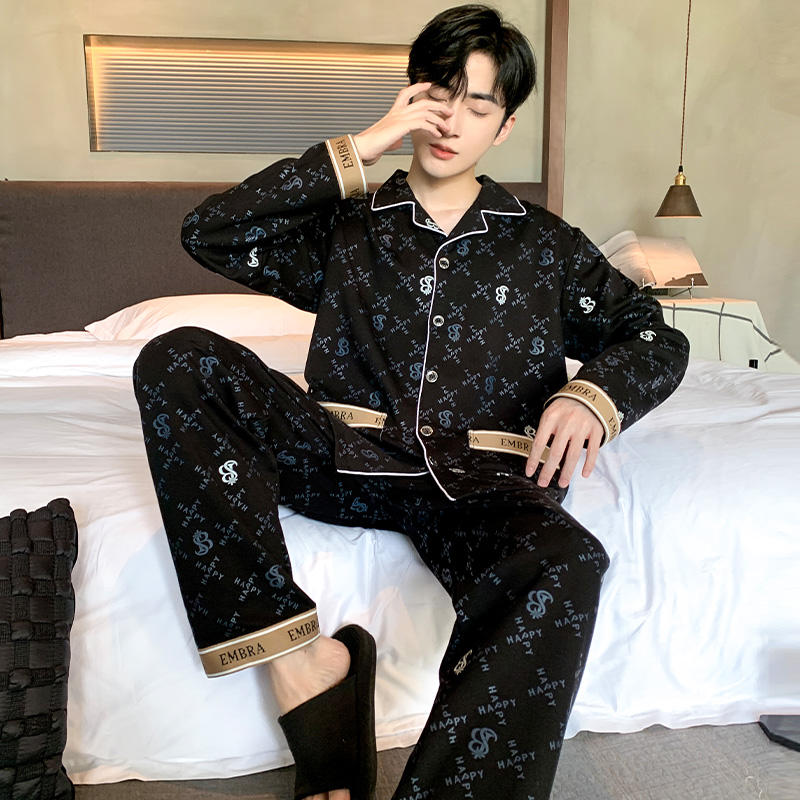 Conjunto de Pijamas negros lujosos para hombre, Otoño Invierno, mangas largas, pantalones largos, ropa de dormir informal, Pijamas suaves, Pijamas acogedores, Pjs para adultos para dormir