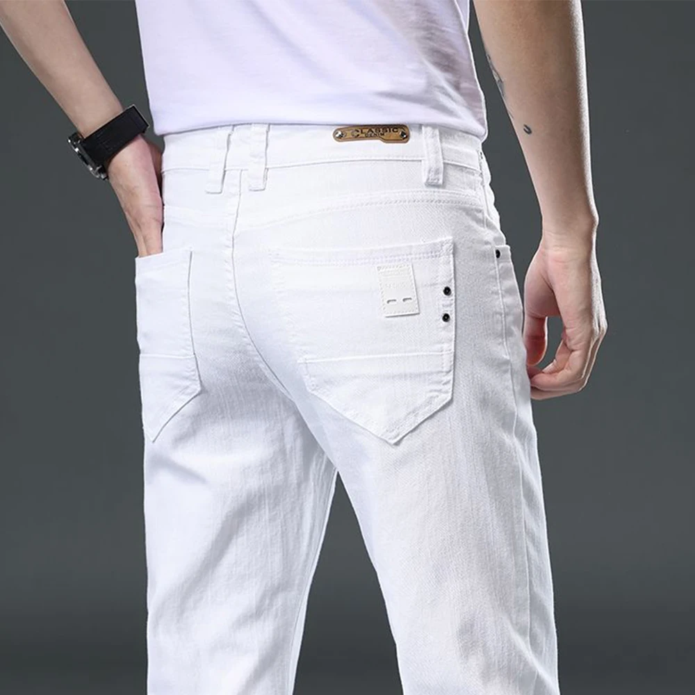 Pantalones vaqueros rectos ajustados blancos para hombre, pantalón vaquero elástico informal, ropa de calle cómoda a la moda, ropa de marca masculina, otoño 2025