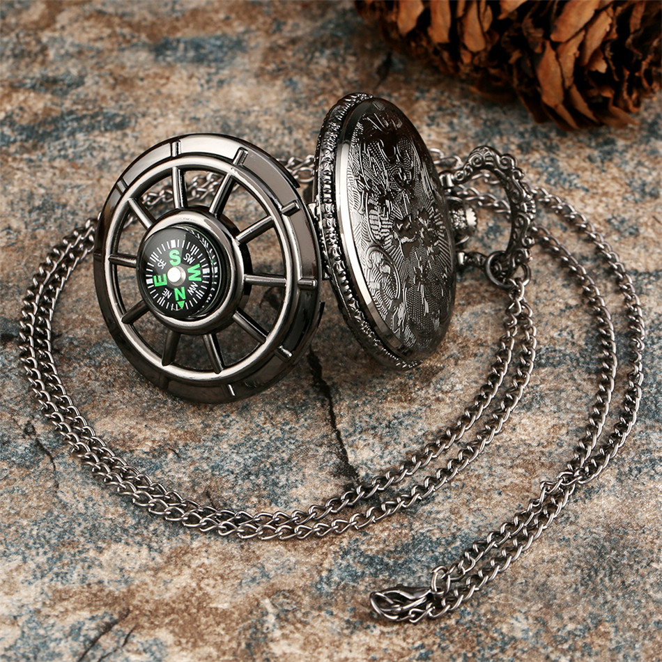 Vintage Black Compass Design Quartz Pocket Watch, With Necklace Pendant, World-Time Feature, Pointer Display Pocket Watch