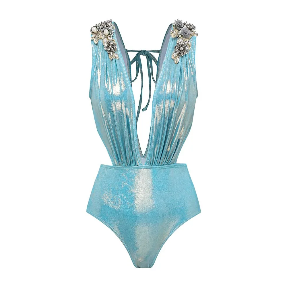 Maillot de bain une pièce brillant, couleur unie, décolleté en V profond, industrie lourde, ensemble pour femmes, Style populaire, nouvelle collection 2024