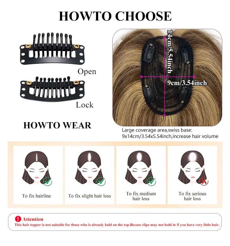 Extensões de cabelo humano para mulheres, peruca superior, Topper com clipes, rede de cabelo com cabelo diluindo, 9x14cm, 1 pc