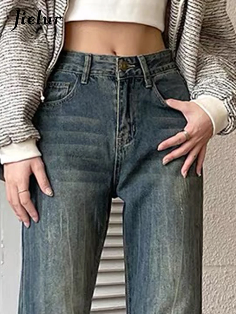 Jielur-pantalones vaqueros ajustados informales para mujer, Jeans de estilo americano, Chic, de oficina, con bolsillos, básicos, color azul, a la moda, para invierno