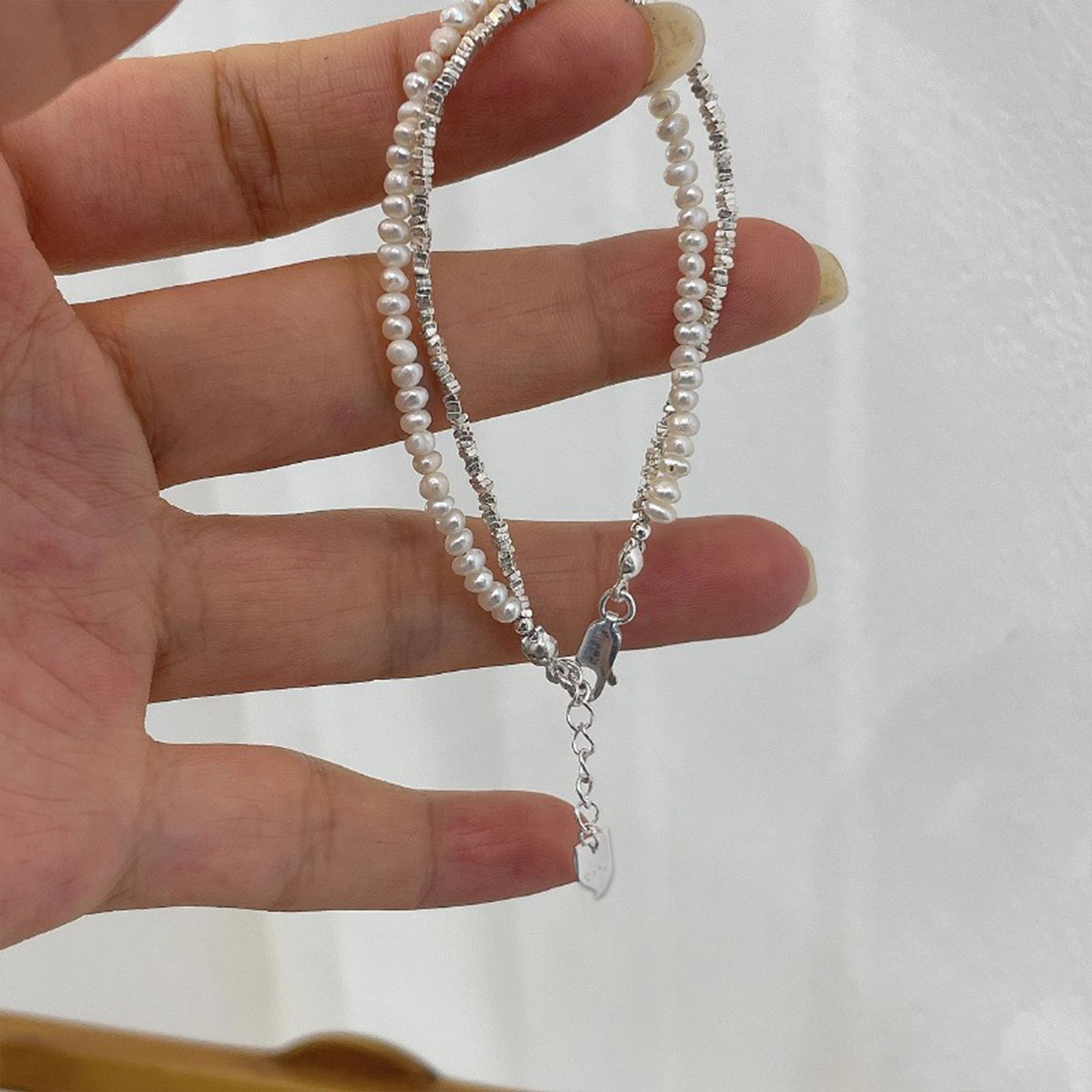 Pulseira de pérola de camada dupla de prata 925 para mulheres e meninas com design de joias de contas