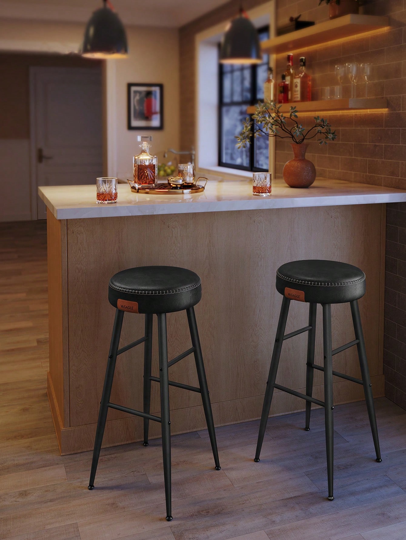 VASAGLE EKHO Colección - Juego de 2 Taburetes de Bar, Taburetes de Cocina, Taburetes de Desayuno, Cuero Sintético con Costuras, 76,2 cm de Alto, Silla Comedor, Fácil Montaje, Negro Tinta/Verde Bosque/Marrón Caramelo