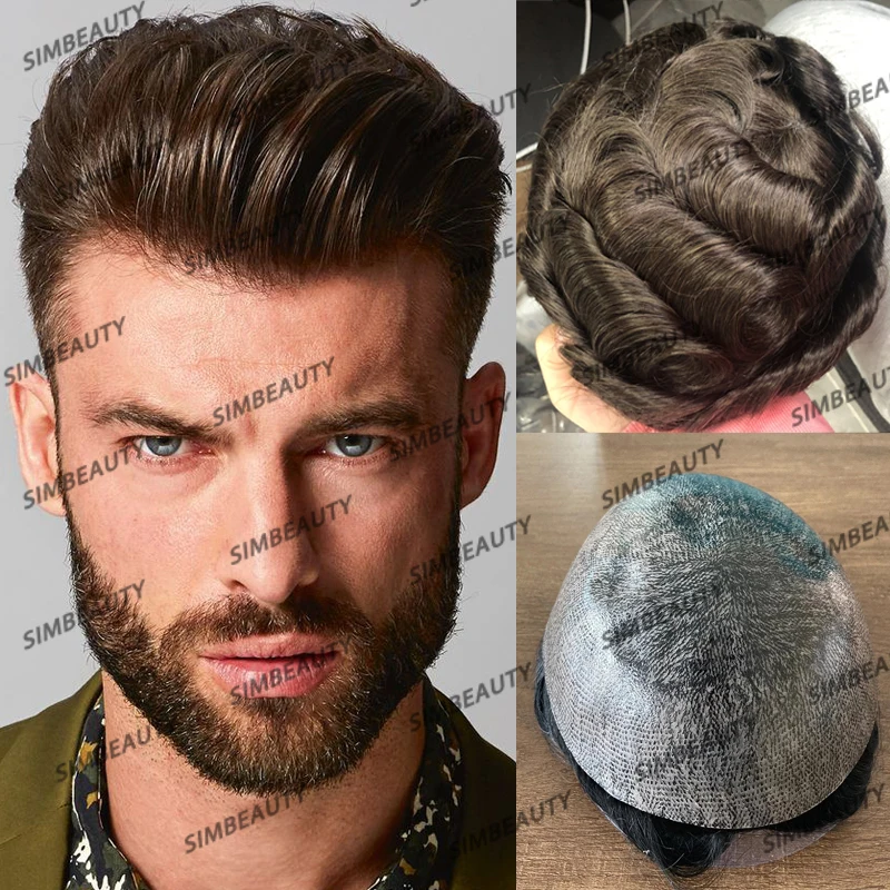 Năm 100% Nam Tóc Toupee Phong Cách Tự Nhiên Dây Cột Tóc Phản Lực Đen Siêu Mỏng Full Đế Pu Bền Nam Remy Tóc bộ Tóc Giả Thay Thế