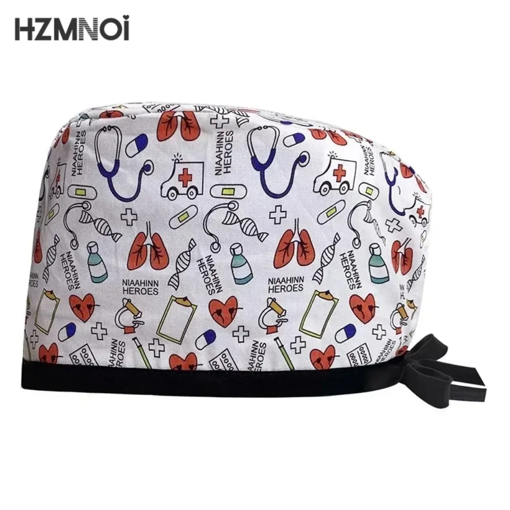 Medical Printing Pure Cotton Adjustable Nurse Caps Surgical Cap Women Pet Veterinary Scrub Hat Dentist Working Hat Surgery Caps