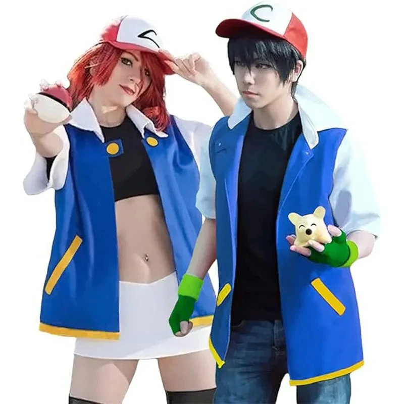 코스프레 애니메이션 Ash Ketchum 옷 남자 블루 자켓 의상 소년 소녀 코스프레 파티 트레이너 포켓몬 모자 장갑 세트