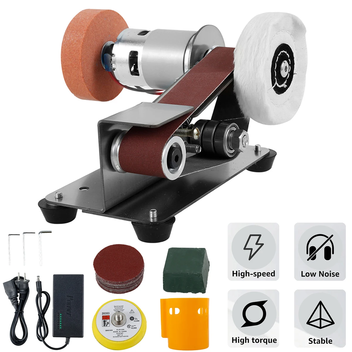Mini lijadora de mesa eléctrica 3 en 1, Motor, correa de ajuste de 7 velocidades para pulido fino, cortador de joyería de Metal, herramienta para el hogar