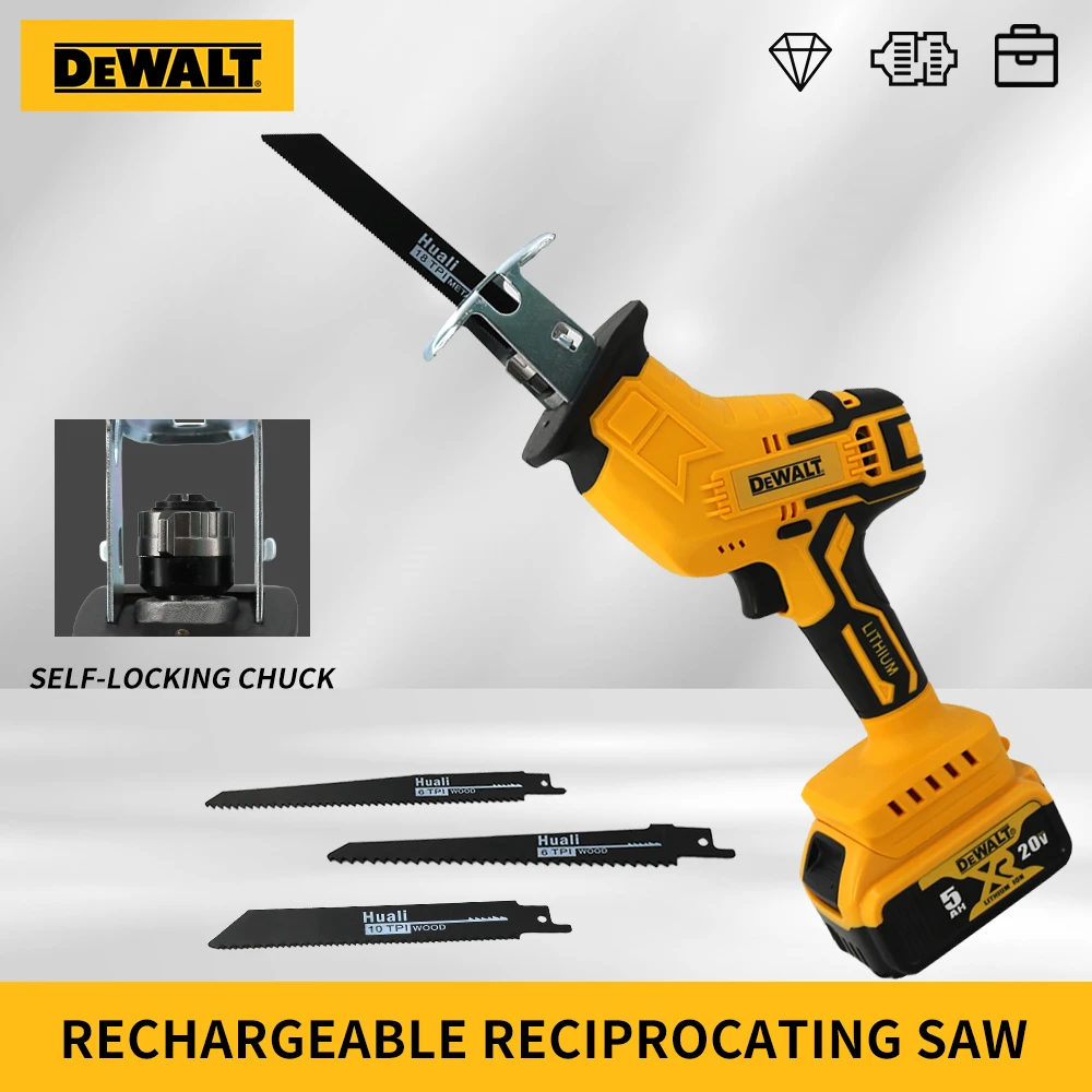 DEWALT 무선 전기 왕복 톱, 목재, 금속, 파이프, 나무 절단용 배터리 없음, 블레이드 4 개, 휴대용 전동 공구