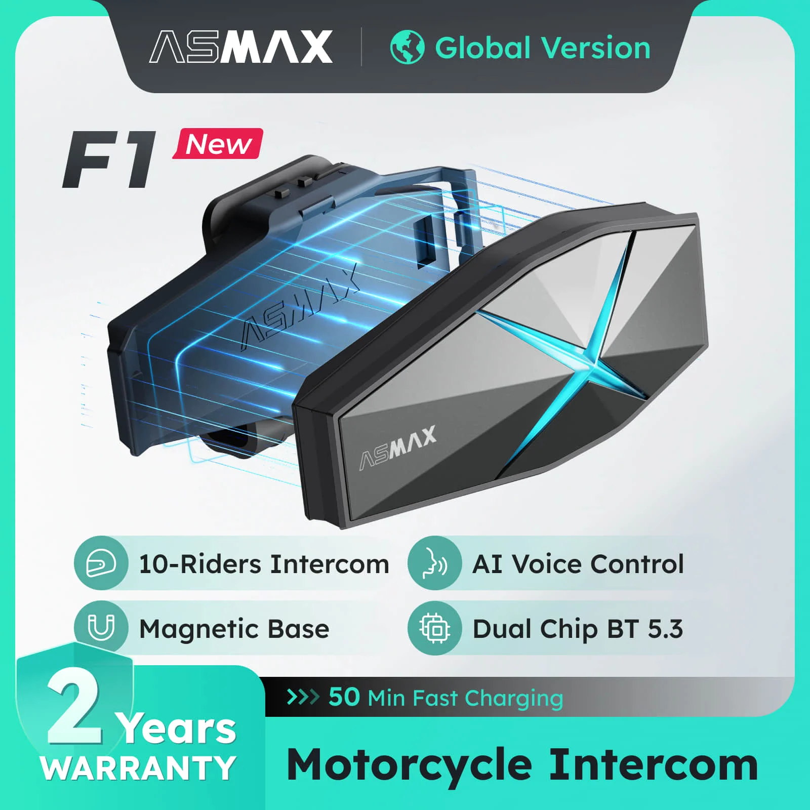 ASMAX F1 Intercomunicador de Motocicleta, Controlado por Voz, Soporta intercomunicador para 10 personas, 1800m de distancia de comunicación, Bluetooth 5.3/Emparejamiento Universal/Cancelación de Ruido/Impermeable IP67