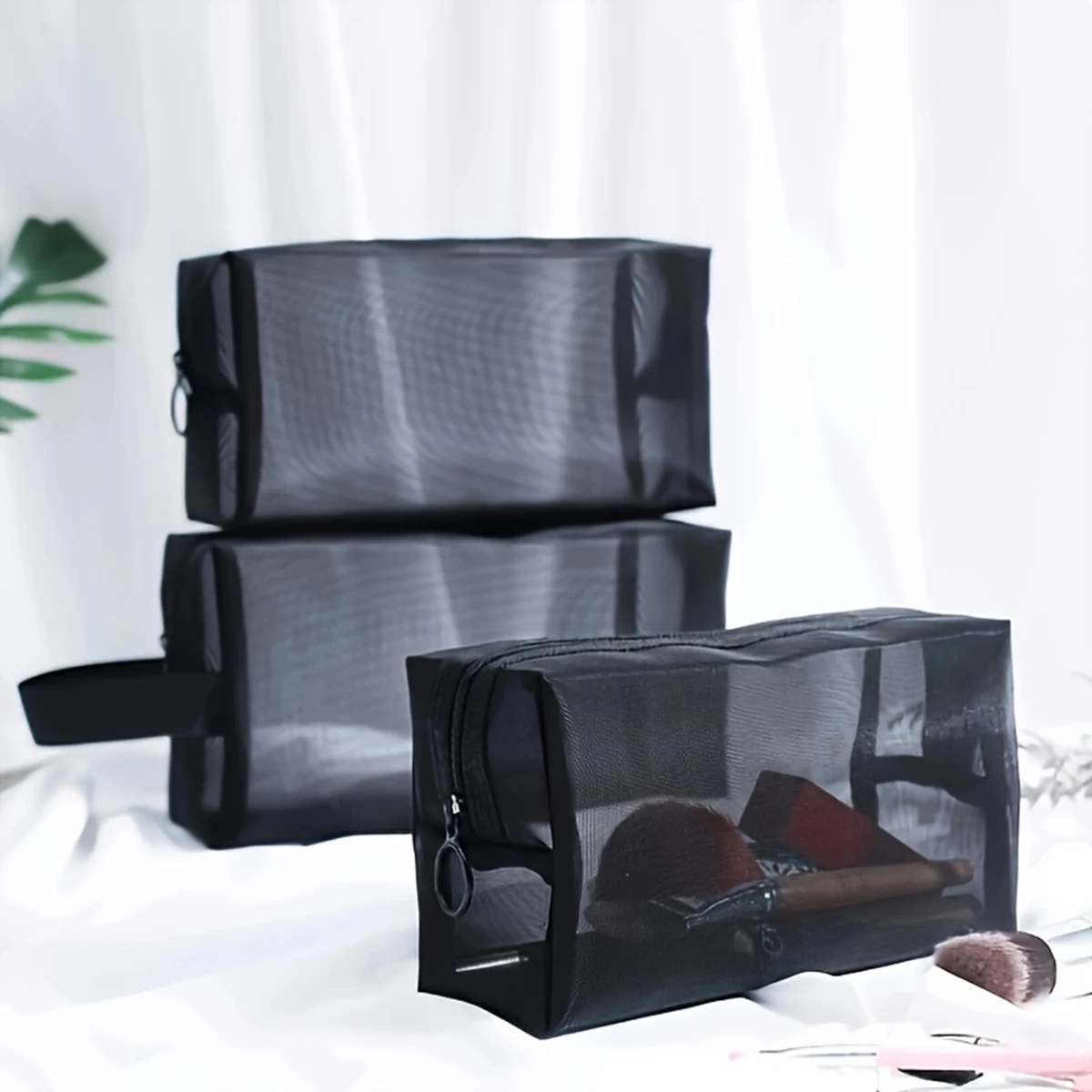 Bolsa de cosméticos de malla negra para viaje, bolsa de maquillaje con cremallera para mujer, neceser de lavado, organizador de maquillaje, bolsa de almacenamiento portátil, 1 ud.