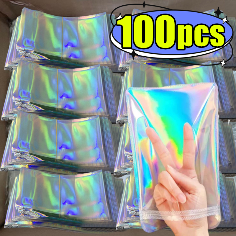 Bolsas con cierre automático láser resellables, embalaje para pequeñas empresas, sobres holográficos, bolsa de almacenamiento de alimentos para joyería y dulces de plástico transparente plano