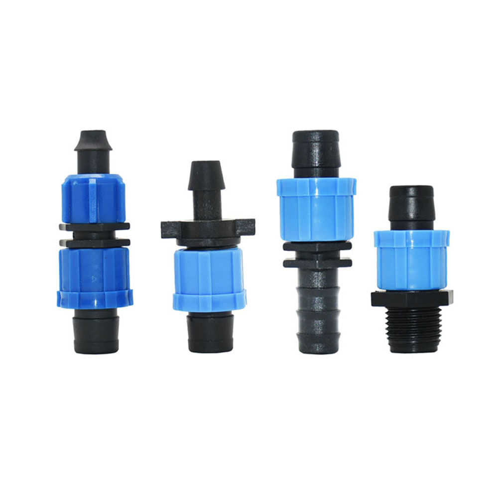 Accesorios de cinta de goteo de riego de 5/8 "y 16mm, tapón de extremo de codo en T, conectores rectos, tuerca de bloqueo, manguera, divisor de agua para invernadero de granja