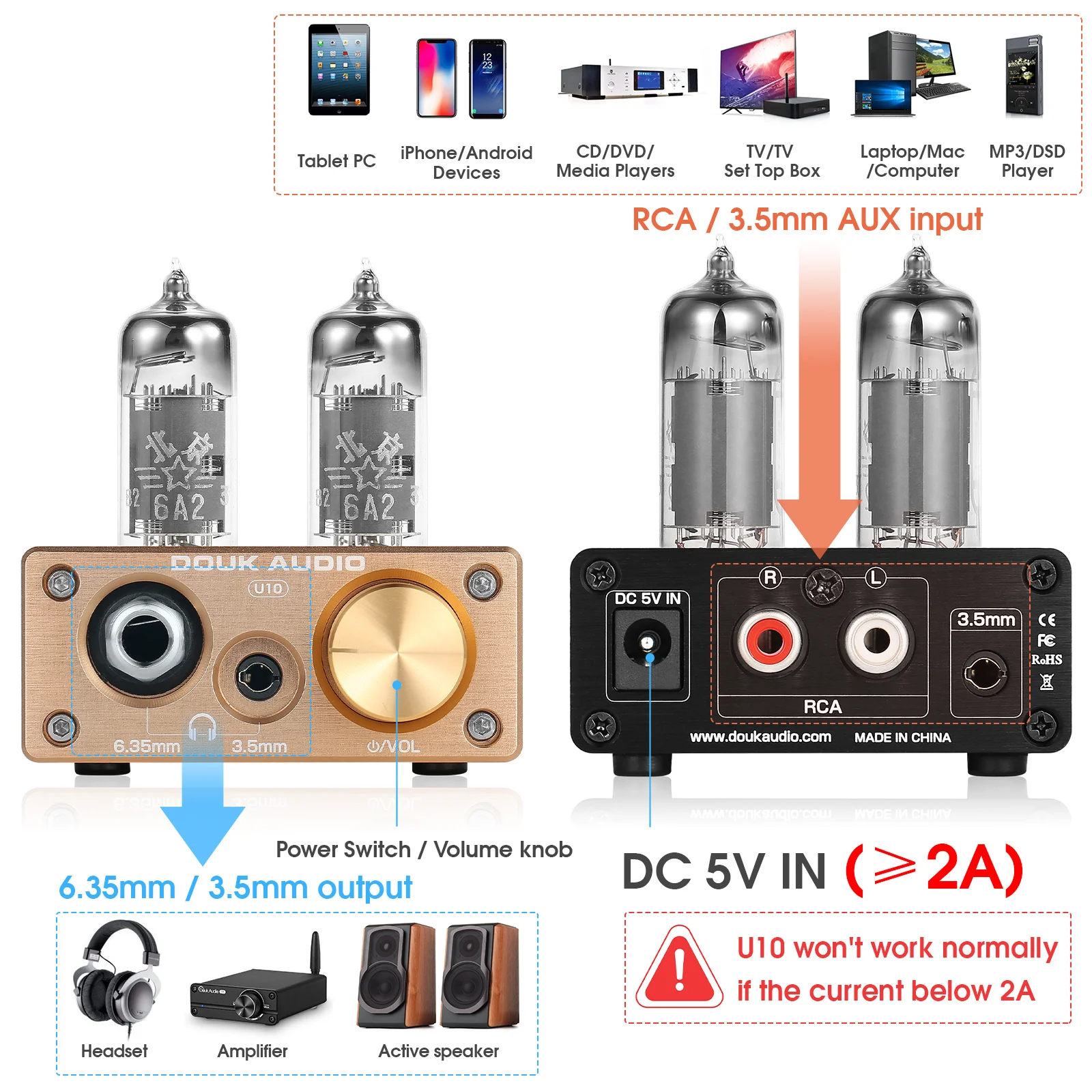 Douk Audio U10 Hifi Ventil rohr Vorverstärker Stereo Aux Desktop Audio Vorverstärker 6,35mm/3,5mm Kopfhörer verstärker